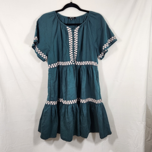 madewell embroidered boho linen cotton blend flutter sleeve tiered dress sz sm - Picture 1 of 9
